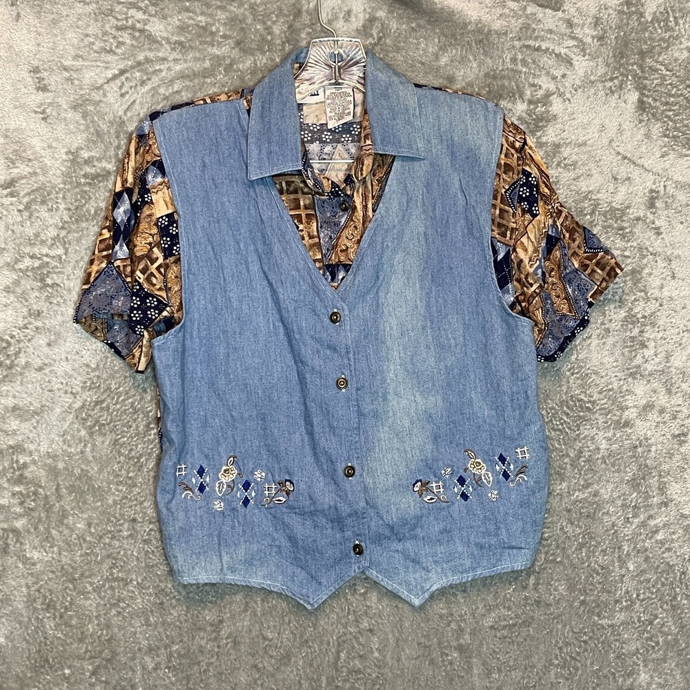 Vtg Capacity Women Size S 90s Grandma Patchwork Layered Button Shirt Vest Top